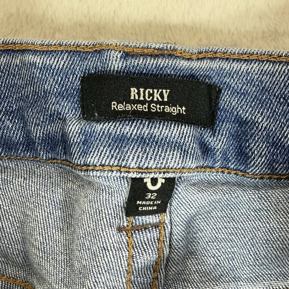 True Religion Ricky Relaxed Straight Jeans Mens 32x33 Blue Stretch USA *Flaw*